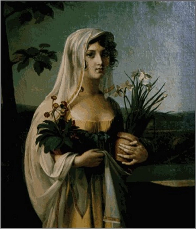 Ritratto di giovane donna con due vasi di fiori